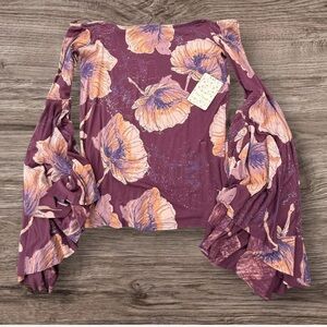Free People Purple Floral Bell Sleeve Blouse